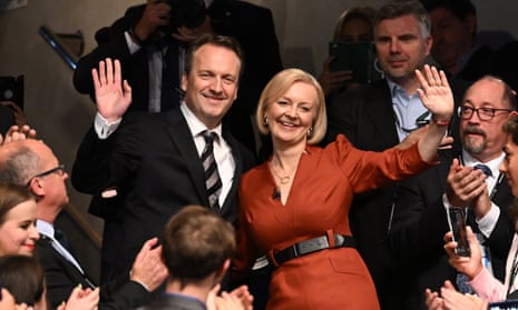 Liz Truss with her husband, Hugh O’Leary, at the Conservative party conference in Birmingham, 5 October 2022