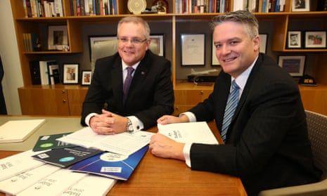 The treasurer, Scott Morrison, left, and the finance minister, Mathias Cormann, in the treasurer’s suite at Parliament House this morning. 