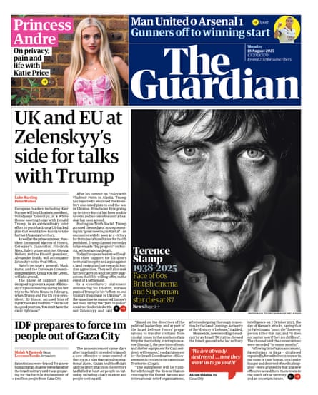 Guardian front page, Monday 18 August 2025