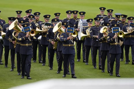 The Central and College Bands of the Royal Air Force performing at the beating retreat ceremony.