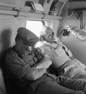 Defence Minister Moshe Dayan and Chief of Staff Yitzhak Rabin fly back from the battlefield on the day after the Six Day War