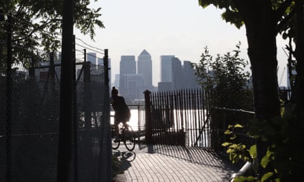The Thames path, looking towards Canary Wharf.