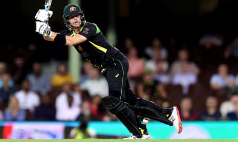 Steve Smith bats during the second T20 International match in Sydney.