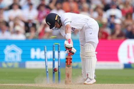 Ollie Pope turns to see his off stump knocked over