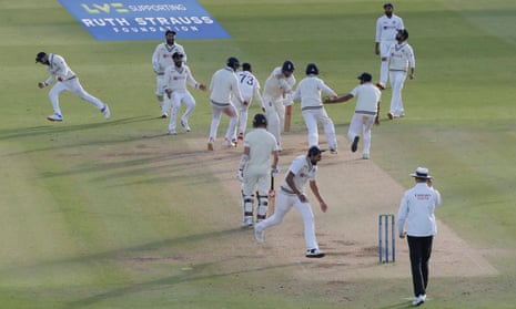 India show their jubilation at dismissing Jimmy Anderson to win the Lord’s Test.