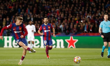 Fermín López scores the opening goal to set Barcelona on their way and into the quarter-finals of the Champions League.