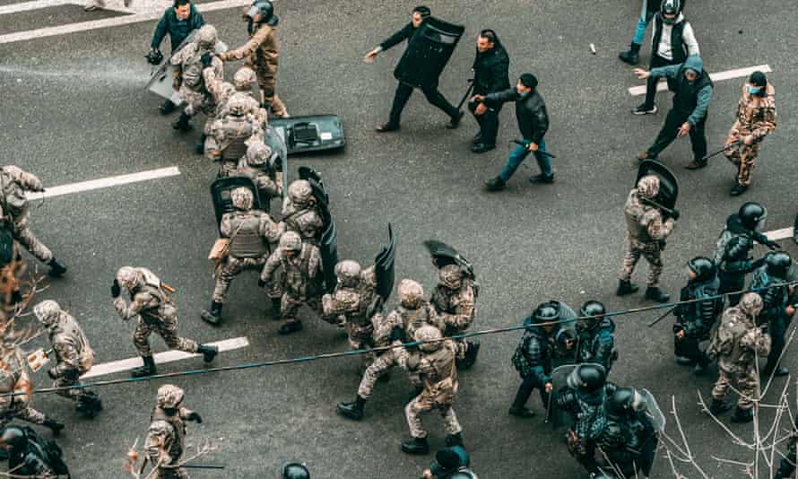 Protesters clash with police during a rally over a rise in energy prices in Almaty, Kazakhstan, 5 January 2022.