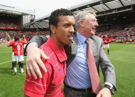 Sir Alex Ferguson celebrates with Nani after the 0-0 draw against Arsenal that clinched the Premier League title in 2008-09.