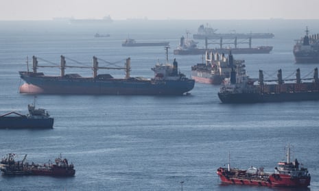 Cargo ships carrying Ukraine grain wait at the entrance of the Bosphorus in Istanbul