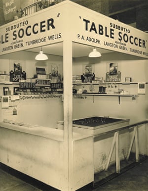 Peter Adolph’s stall at a schoolboy exhibition in 1953 with an array of subbuteo or ‘table soccer’ accessories