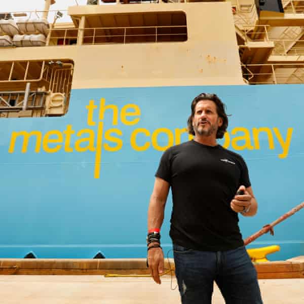 Gerard Barron, chair and chief executive of The Metals Company, in front of a company exploration ship