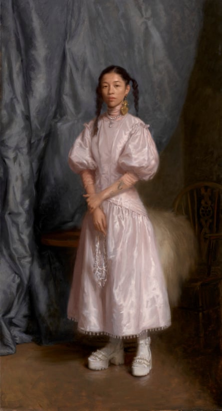 Painting of a young woman in a shimmering, pale pink dress. Her hair is styled in two braids and she is wearing ornate gold earrings. The background is a grey silky fabric