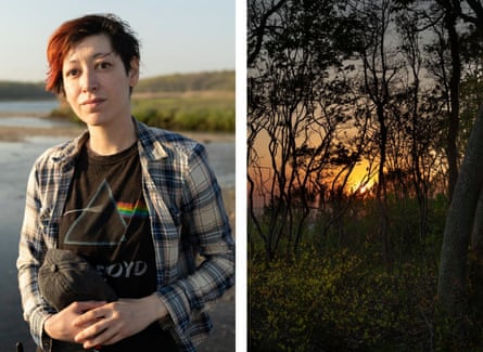 Left: Waban Tarrant stands at the beach on the Shinnecock Reservation. The beach has undergone wide-ranging restoration efforts, including planting marshland grasses, constructing oyster reefs, and placing boulders along the water’s edge to break the waves. Right: Sunset on the Reservation over Shinnecock Bay.