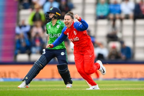 Linsey Smith of England celebrates the wicket of Ireland’s Amy Hunter.