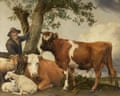 17th-century painting of a large brown and white bull with pointed horns standing next to a tree, another cow which is lying down and is golden-brown with a white face, a ram, female sheep and lamb, and a grey-bearded farmer in a broad-brimmed hat who is leaning against the tree.