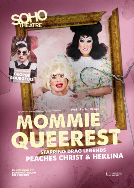 Poster with pictures of the two drag queens in a broken wooden picture frame, with a special guest alongside, on a pink background