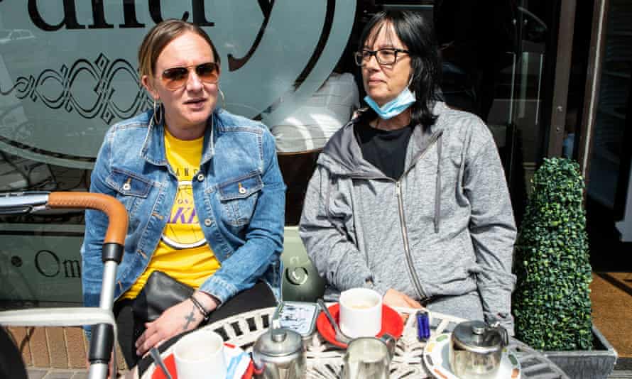 Hayley Dickins, left, and Theresa Cooper discuss the Covid crisis in Clacton.