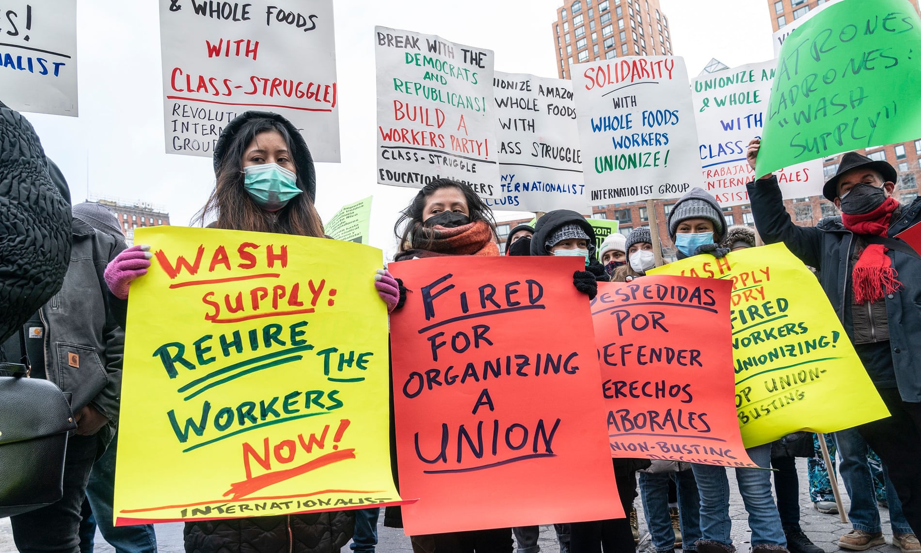 People rally in support of Alabama Amazon workers in New York on 20 February. 