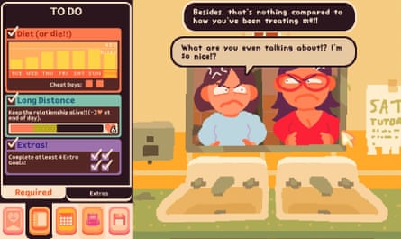 A screenshot of Consume Me showing a mother and daughter squabbling over a sink on the right, and an in-game interface to the left