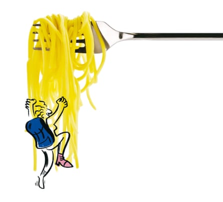 A mountaineer climbing a wall of pasta