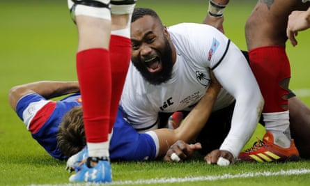 Fiji’s Semi Radradra celebrates after scoring a try in the shock victory over France in Paris on Saturday.