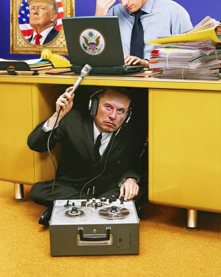 An image depicting Elon Musk sitting under a desk. He has recording equipment on him and his is pointing a microphone toward a person working at their laptop on the same desk.