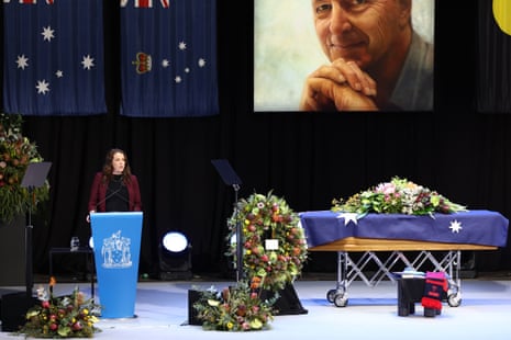 Bec Daniher speaks during the state funeral for her late father Neale Daniher at Melbourne Cricket Ground.