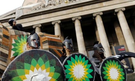 Climate change activists demonstrate against BP outside the British Museum in February 2020.