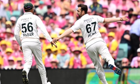 Salman Ali runs away to celebrate taking the wicket of Marnus Labuschagne