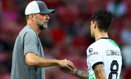 Dominik Szoboszlai with Jürgen Klopp during a pre-season friendly against Leicester City in Singapore