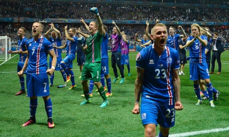 Iceland’s players celebrate the Euro 2016 win over England in Nice
