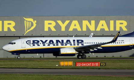 A Ryanair passenger plane at Stansted airport after the airline cancelled flights as French air traffic controllers went on strike.