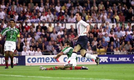 Robbie Fowler scoring for England against Mexico at Pride Park, Derby, back in 2000.