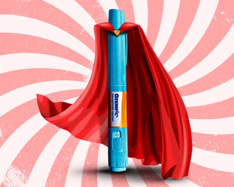 An Ozempic jab pen in a read superhero cap with a swirl of pink and white lines behind