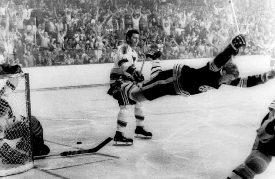 Bobby Orr leaps with joy after scoring the goal that won the 1970 Stanley Cup for the Boston Bruins.