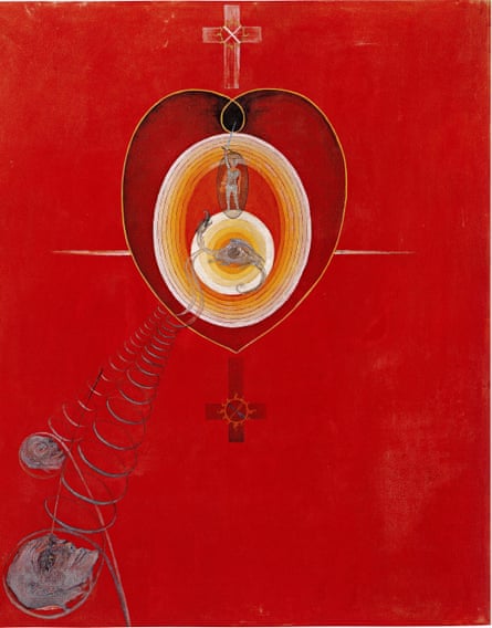 Red painting with a heart near the centre and crosses at either end of it. Two circles are inside the heart with abstract images of a person and a fossil on top and skulls outside the image looking towards it