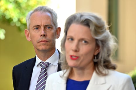 Australia’s immigration minister Andrew Giles and home affairs minister Clare O’Neil at a press conference in Canberra