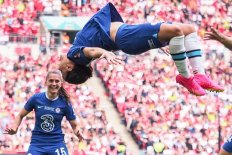 Sam Kerr celebrates scoring against Manchester United in the 2023 FA Cup final with a backflip