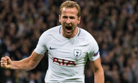 Harry Kane celebrates scoring one of his two goals in Tottenham’s 3-1 win against Borussia Dortmund at Wembley.