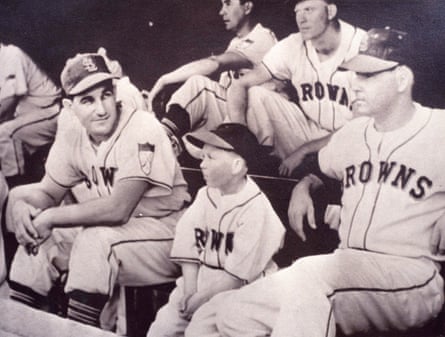 Eddie Gaedel sits on the bench at Sportsman’s Park in St Louis on 18 August 1951.