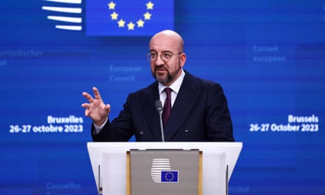 European Council President Charles Michel speaks as he holds a joined press conference with European Commission President Ursula von der Leyen (off frame) during a European Union summit, at the EU headquarters in Brussels, on October 27, 2023.