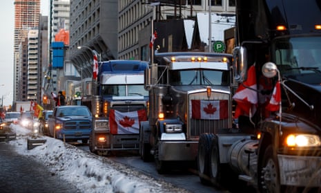 Trucks line Bloor near Yorkville on February 5, 2022 in Toronto, Canada.