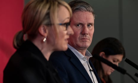 Rebecca Long-Bailey (left) and Sir Keir Starmer at the Guardian Labour leadership hustings last week, with Lisa Nandy in the background.