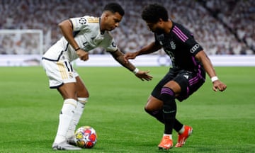 Real Madrid's Rodrygo attempts to go past Bayern Munich's Serge Gnabry during their Champions League semi-final second leg.