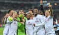 Aston Villa celebrate after winning their penalty shootout against Lille in the Europa Conference League quarter-finals
