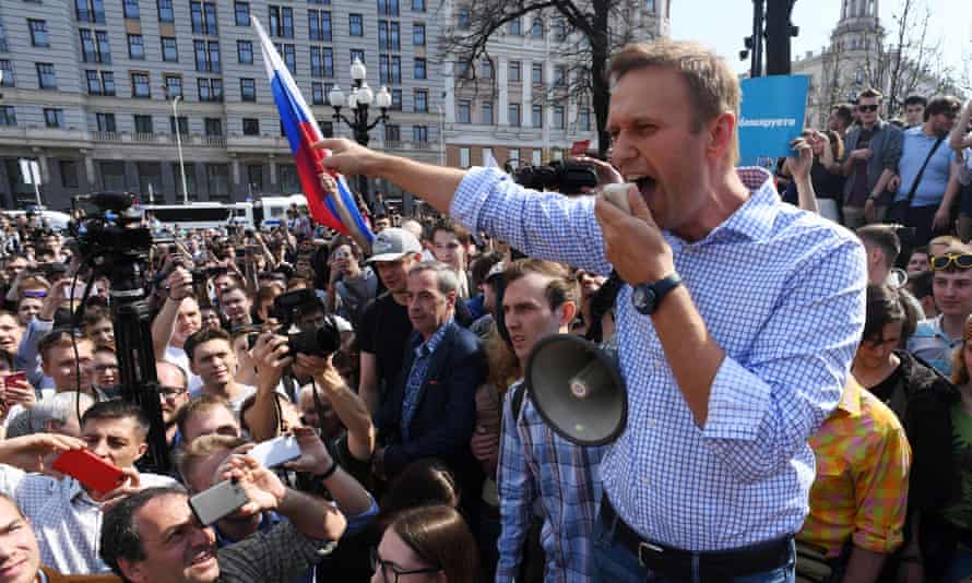 Alexei Navalny addresses supporters during an unauthorised anti-Putin rally in Moscow in May 2018.