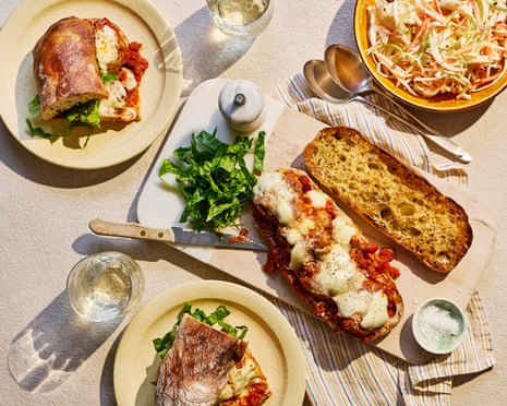 Deli-style chilli, chicken and parm meatball sandwiches.