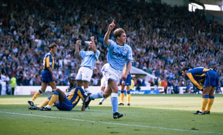 Manchester City’s Garry Flitcroft celebrates alongside dejected Leeds United players during their August 1993 Premier League 1-1 draw at Maine Road.
