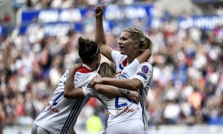 Ada Hegerberg celebrates with Lucy Bronze and Delphine Cascarino after scoring against Chelsea in last season’s Champions League semi-final.