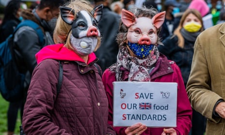 A protest in London in October 2020 against lowering of food standards in a UK-US trade deal.
